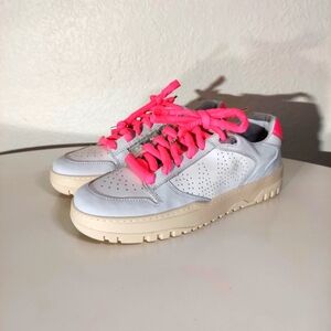 P448 Mason White Leather Checkered Tongue Puffy Neon Pink Lace Up Sneakers
